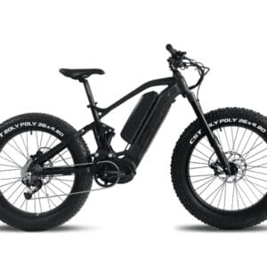 A black electric bike is parked on the ground