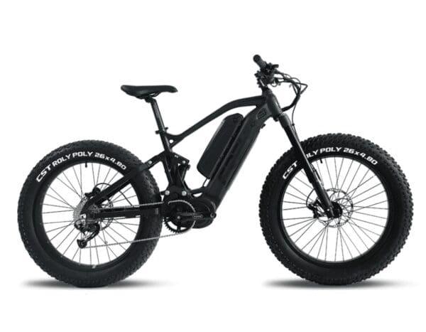 A black electric bike is parked on the ground