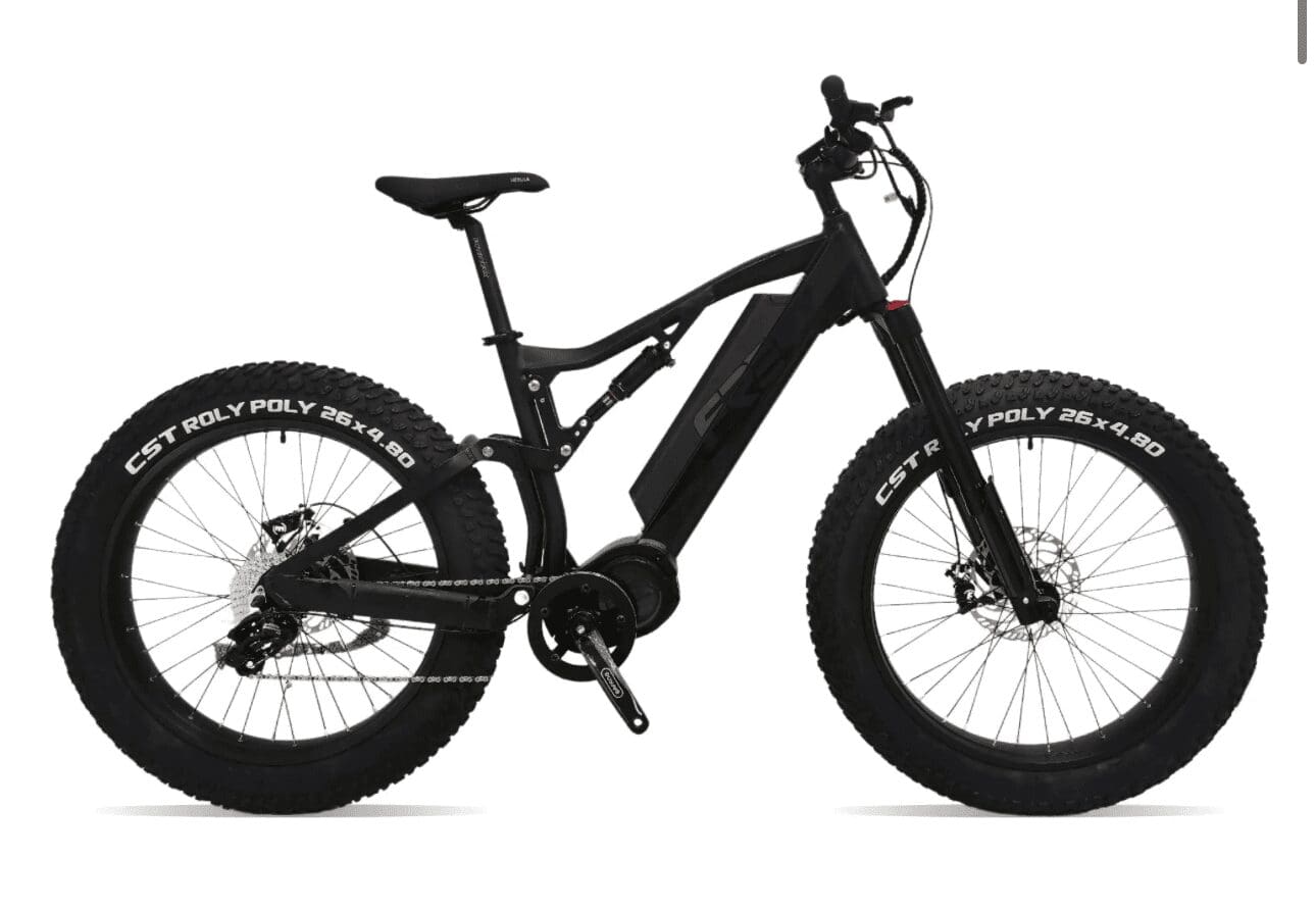 A black electric bike is parked on the ground.