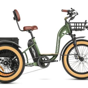 A green bike with two wheels and a basket.