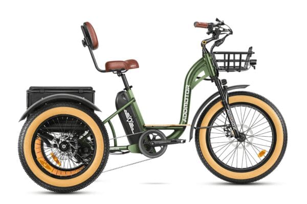 A green bike with two wheels and a basket.