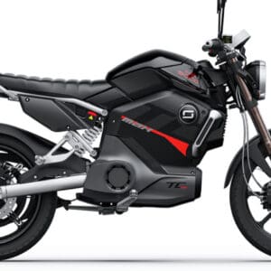 Black electric motorcycle, side view.