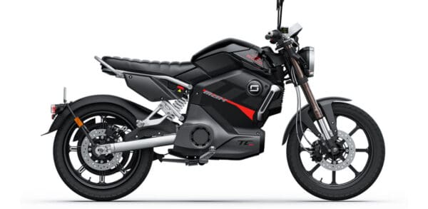 Black electric motorcycle, side view.