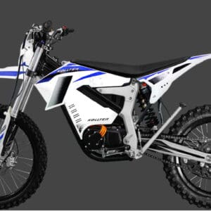 White and blue Kollter electric dirt bike.