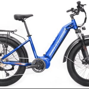 A blue electric bike with black wheels and seat.