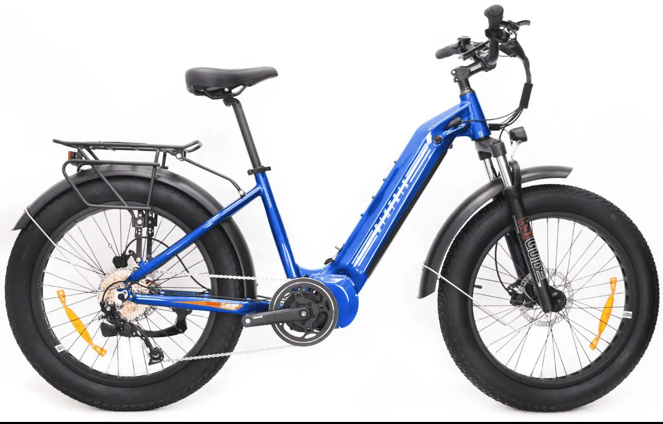 A blue electric bike with black wheels and seat.