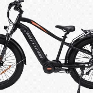 A black electric bike with an orange stripe on the side.