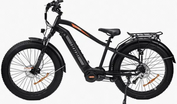 A black electric bike with an orange stripe on the side.