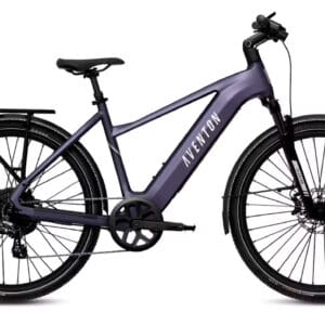 Purple Aventon electric bicycle with rack.