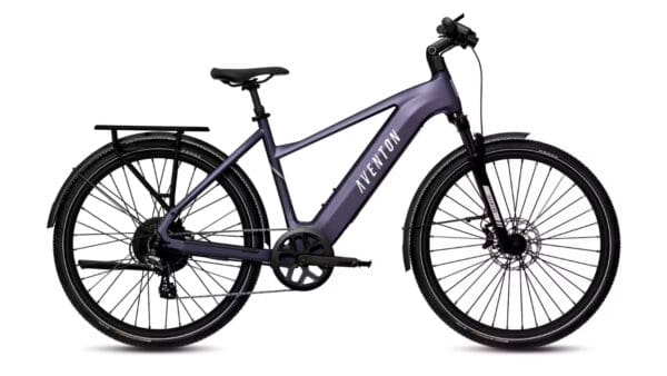 Purple Aventon electric bicycle with rack.