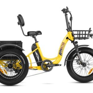 A yellow three wheeled bike with a basket on the front.