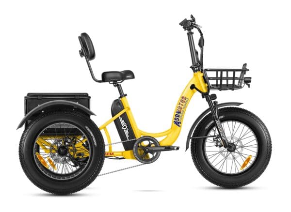 A yellow three wheeled bike with a basket on the front.