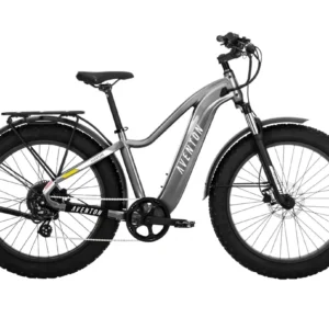 A silver bike with black wheels and a yellow handle.