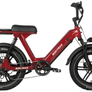 A red electric bike is parked on the ground.