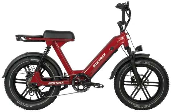 A red electric bike is parked on the ground.