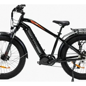 A black and orange electric bike is parked