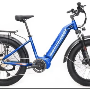 A blue electric bike is parked on the ground.