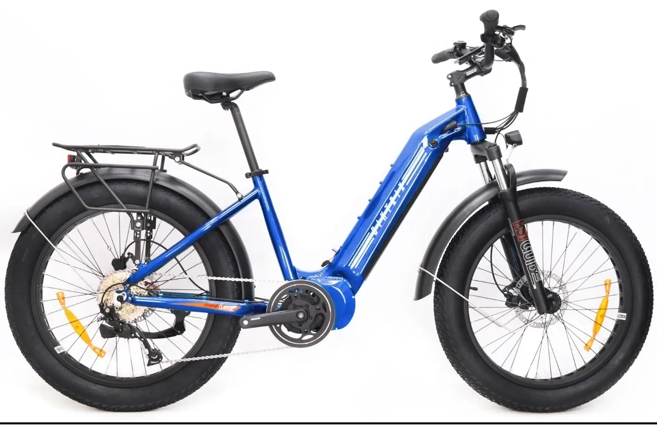 A blue electric bike is parked on the ground.