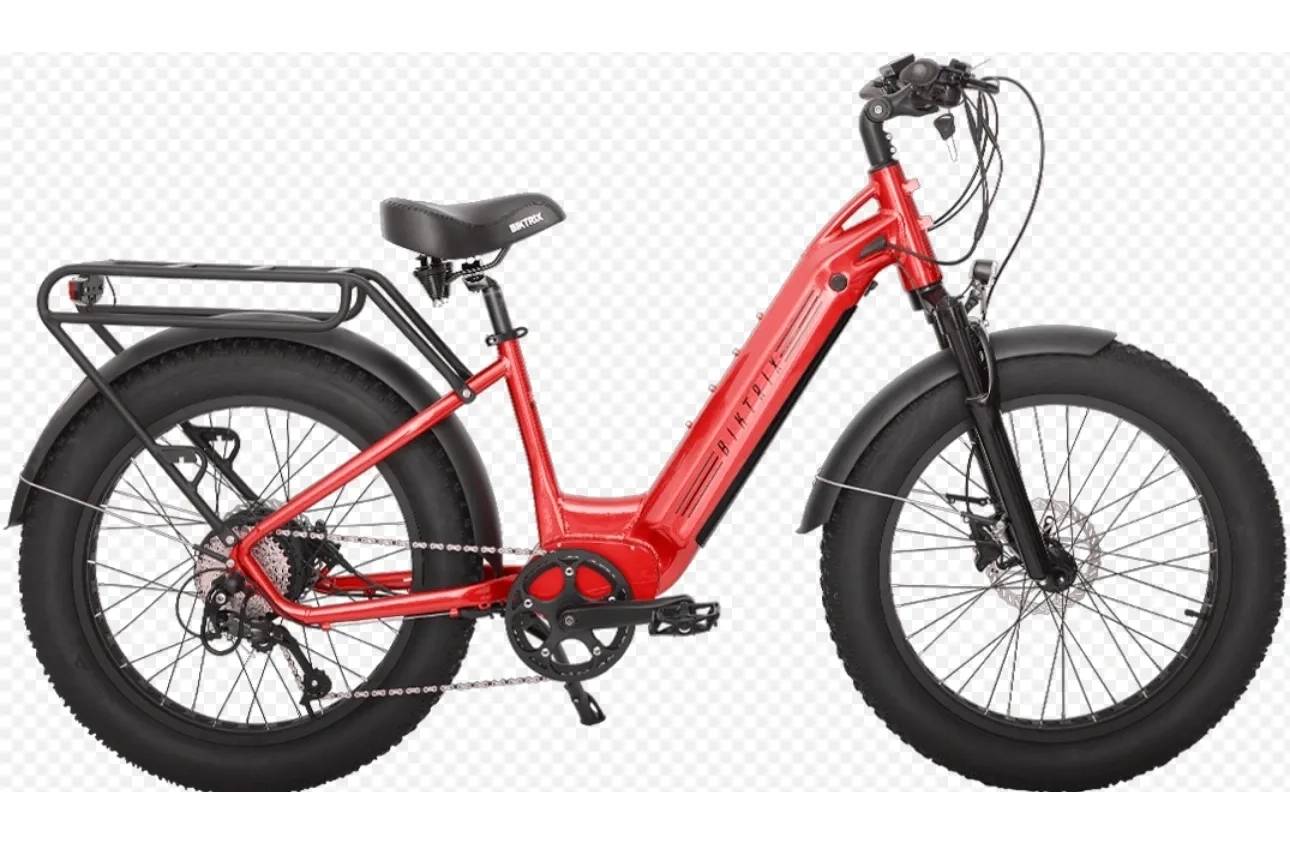 A red bike is parked on the ground