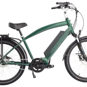 A green bicycle is parked on the ground