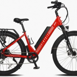 A red electric bike with black wheels and seat.