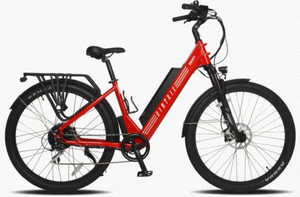 A red electric bike with black wheels and seat.