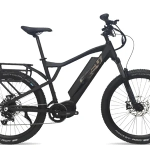 A black electric bike with a basket on the back.