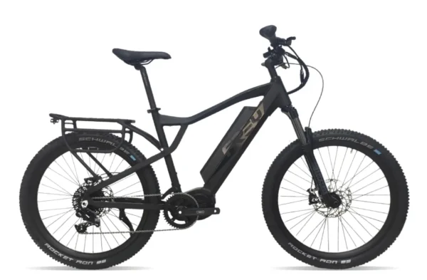 A black electric bike with a basket on the back.