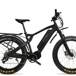 A black electric bike with yellow wheels on the side.