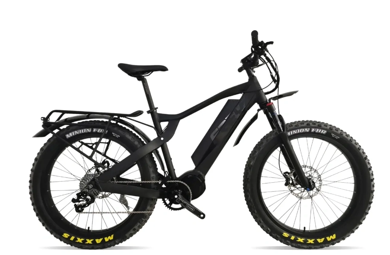 A black electric bike with yellow wheels on the side.