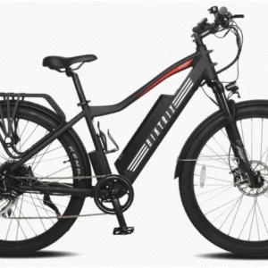 A black electric bike with red accents on the side.