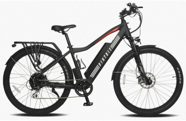 A black electric bike with red accents on the side.