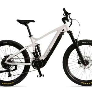 A white electric bike is parked on the ground.