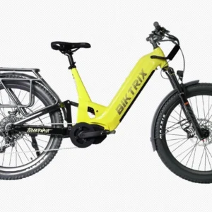 A yellow electric bike is parked on the ground.