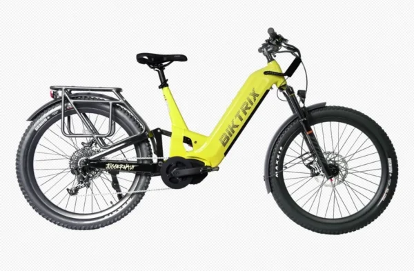 A yellow electric bike is parked on the ground.