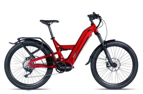 A red electric bike is parked on the ground.